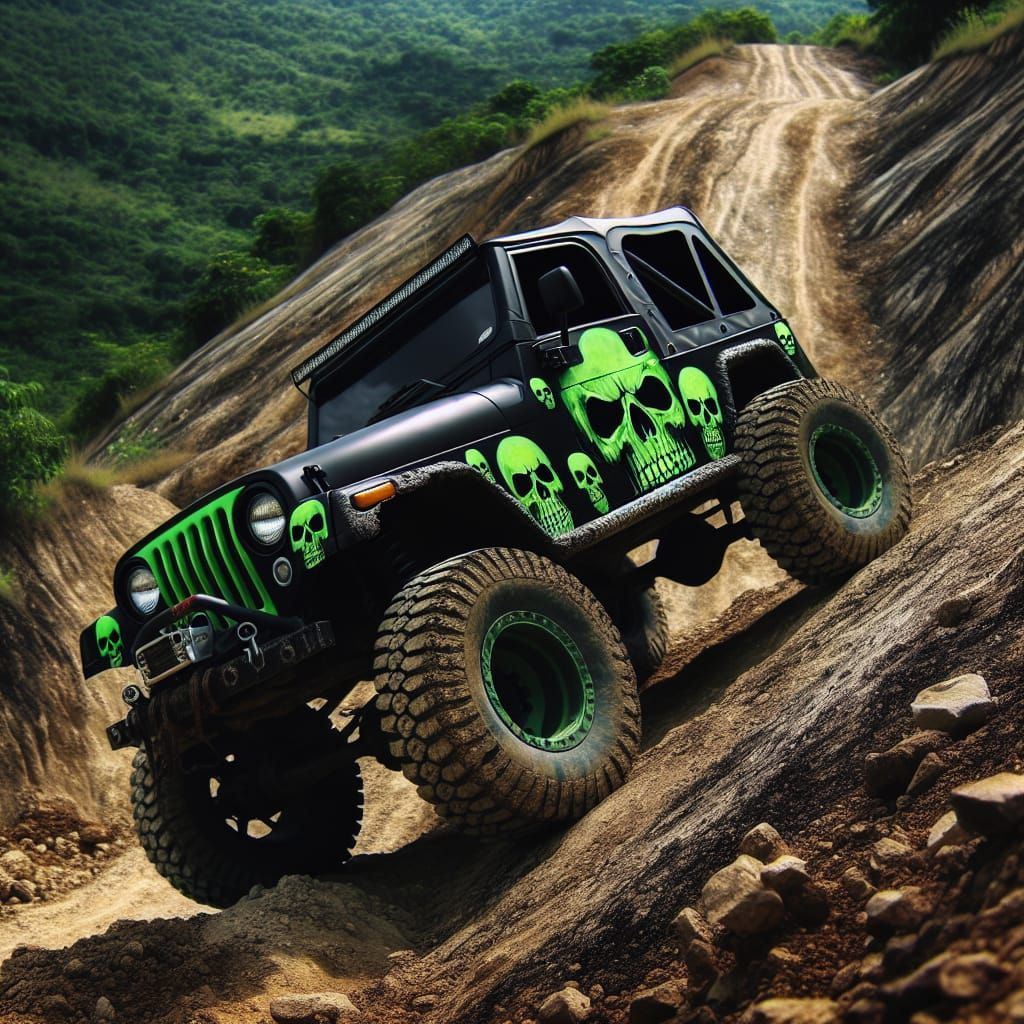 a black jeep with lime green sculls on it going up a hill