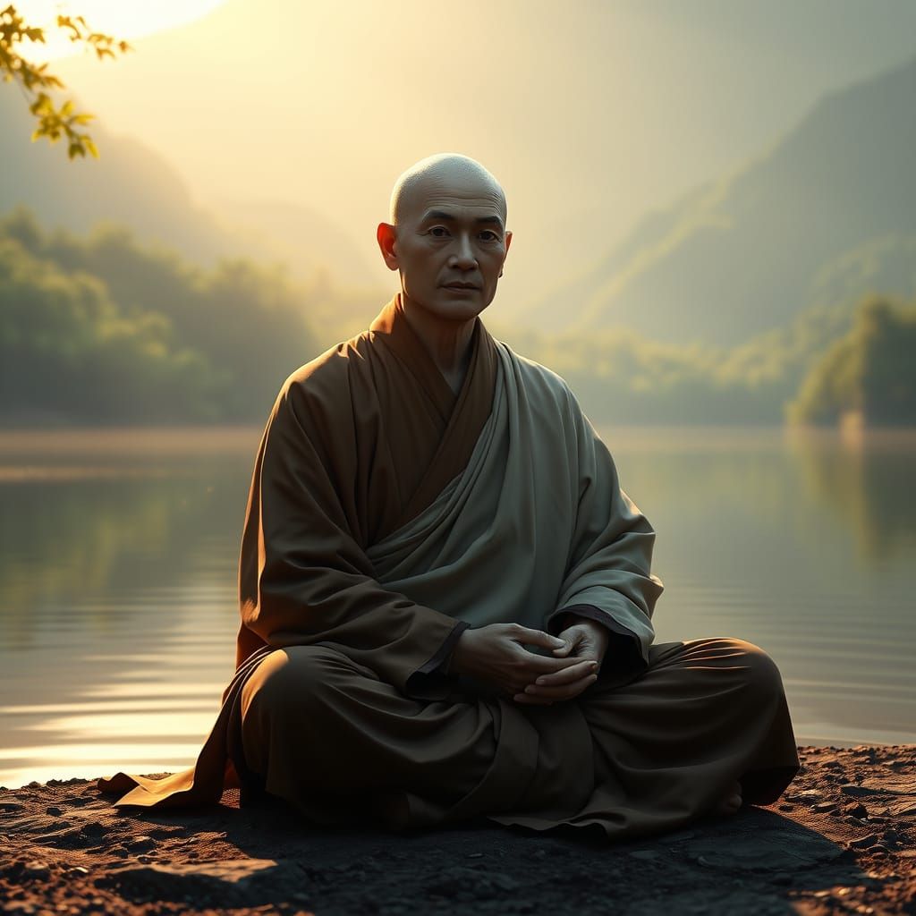Ethereal Monk on Tranquil Lake Shore in Cinematic Film Still
