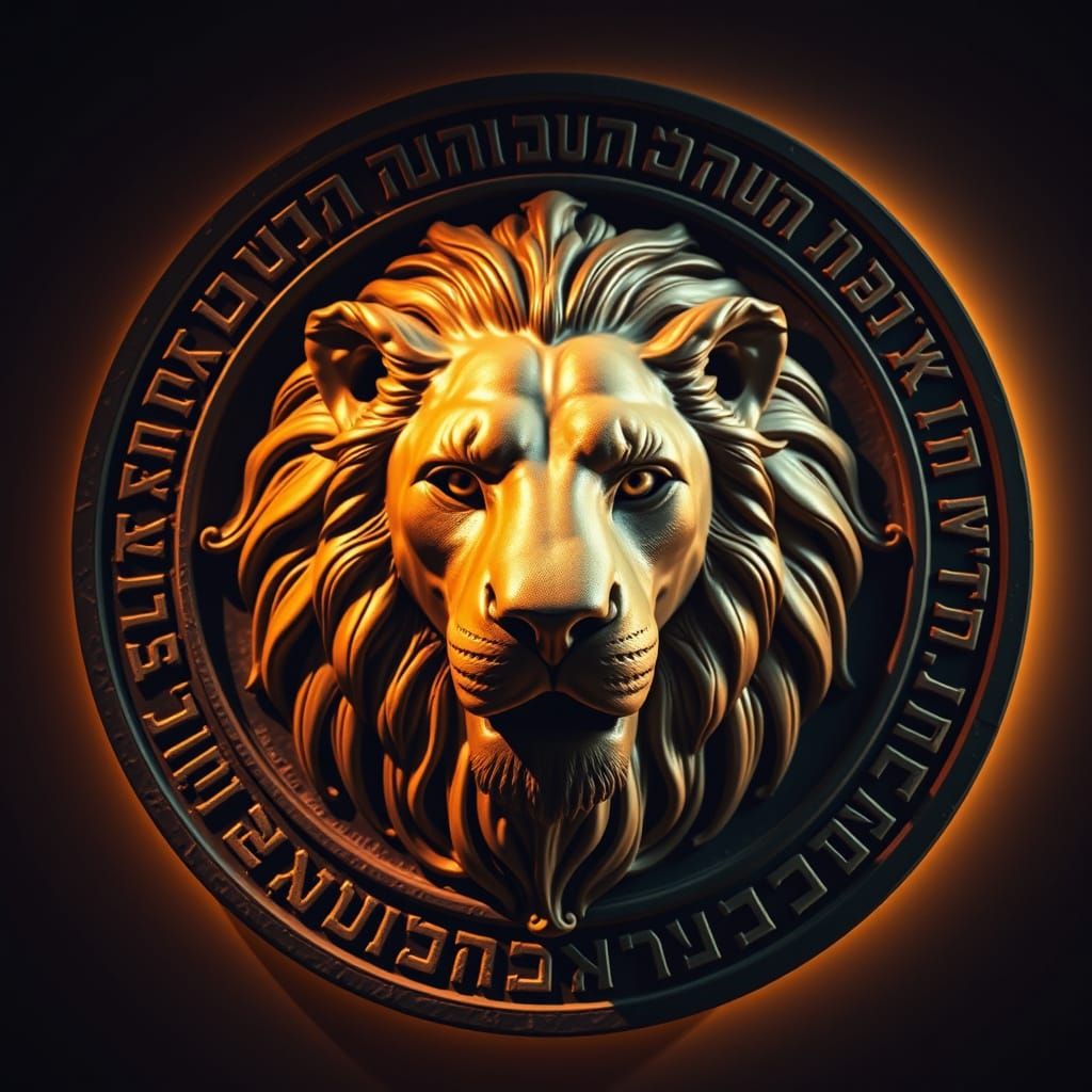 Majestic Lion Head Sculpture with Luminous Hebrew Script