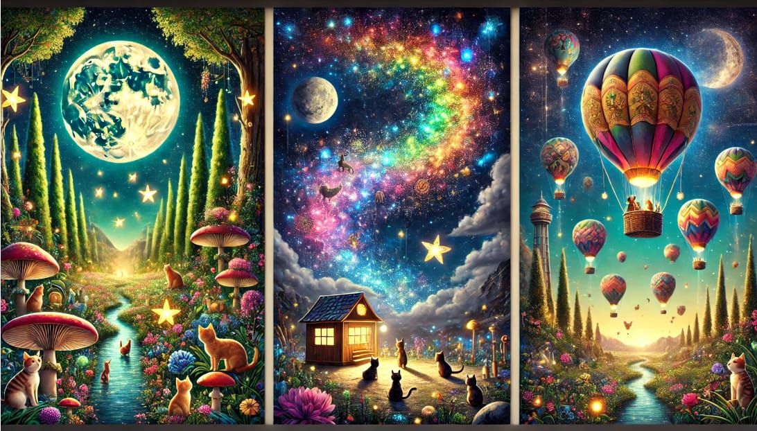 Triptych - "Moonlit Garden," "Stargazing," and "Floating Bal...