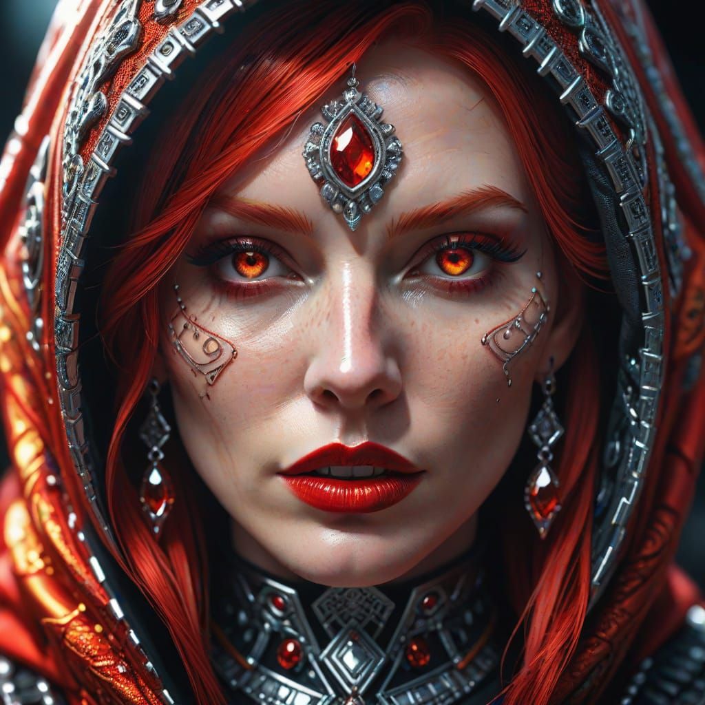 Blood-Red Haired Woman in Futuristic Digital Art
