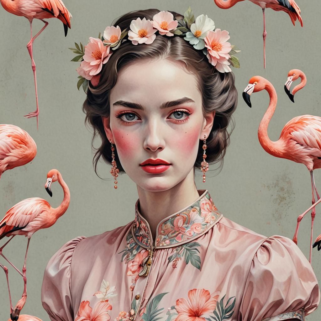 Flamingo Woman with striking features, adorned with soft mut...