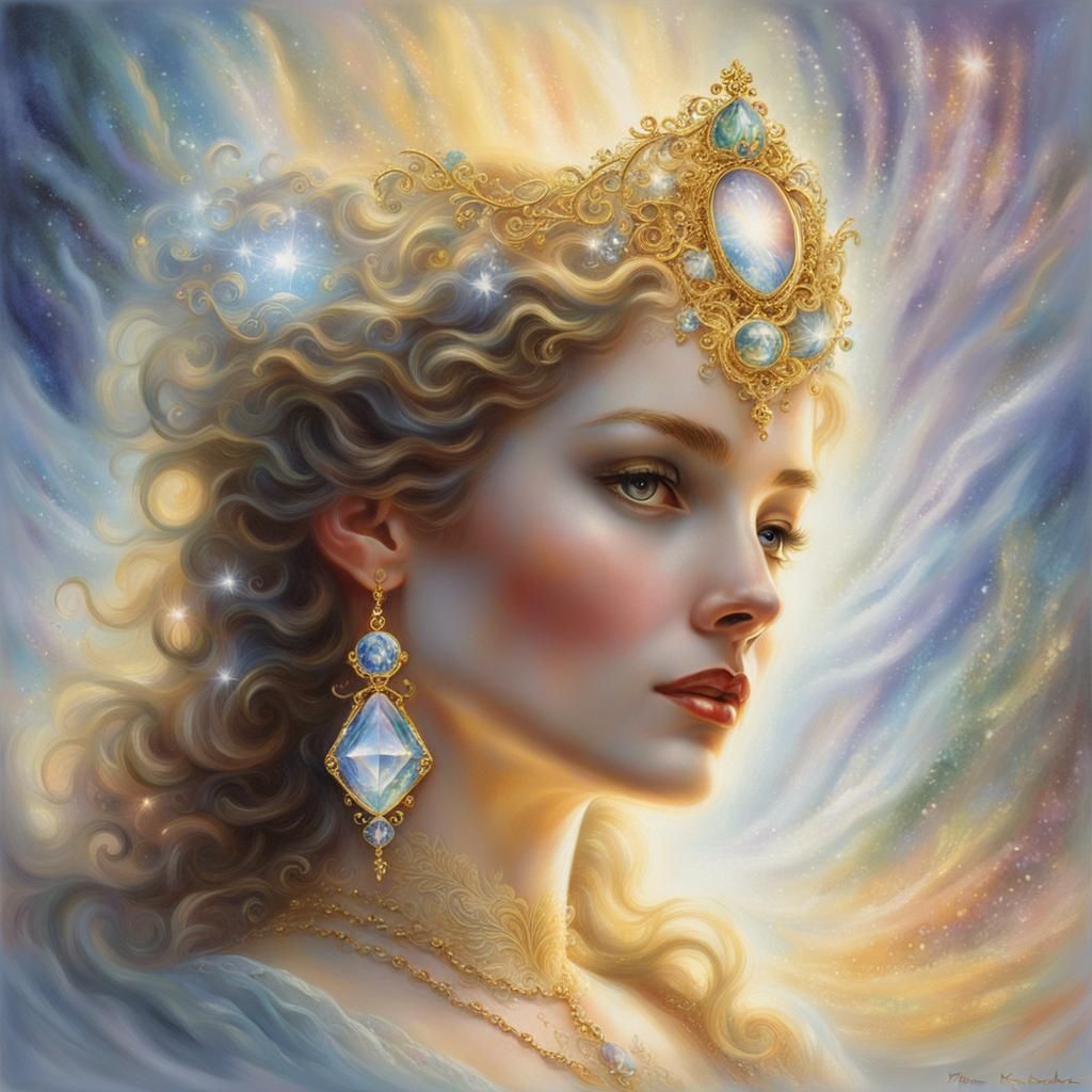 crystal woman's head with gold trim and radiant light ethere...