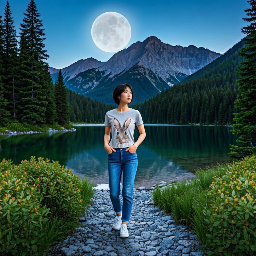Photorealistic Asian Woman by Mountain Lake at Dusk