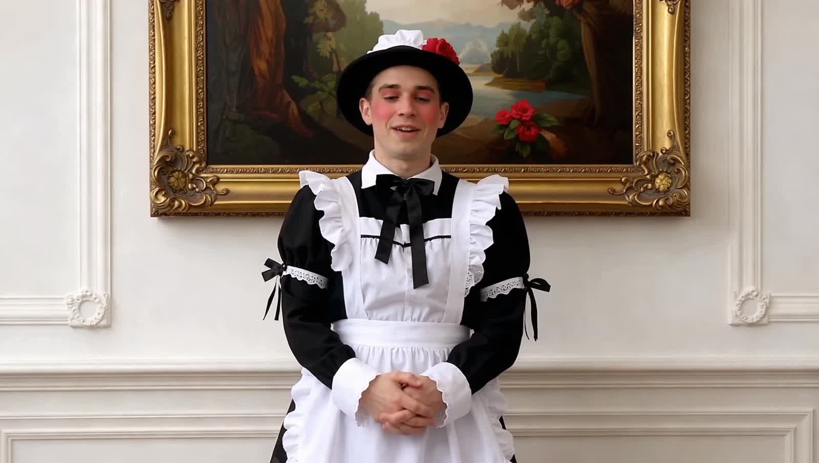 Marvel’s Deadpool wearing a frilly, French maid outfit and looking cute and shy.