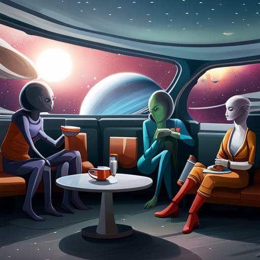 Extraterrestrial creatures sipping space-themed coffee in an...