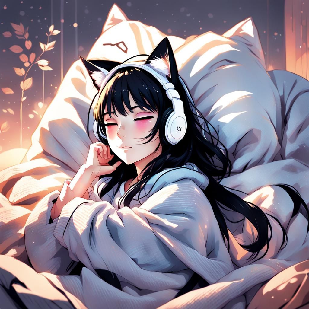 Create an illustration of an anime girl with black hair and ...