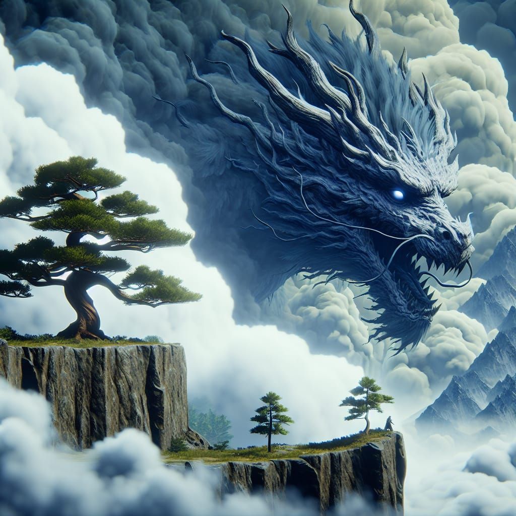 Manga-Inspired Fantasy Concept Art of Dragon Amidst Mountain...