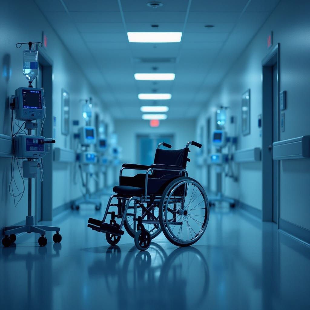 Lone Wheelchair in Sterile Hospital Corridor