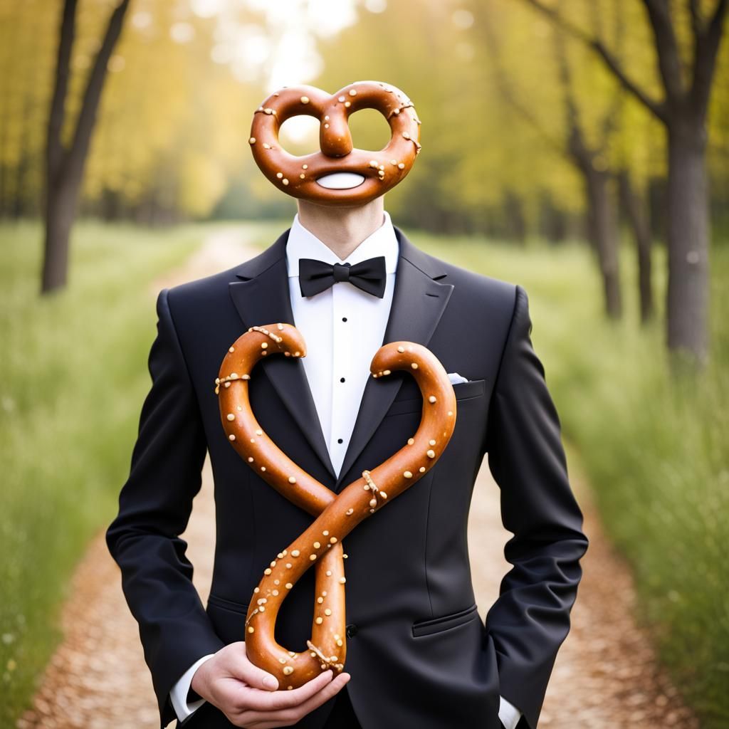 anthropomorphic pretzel person, suit tuxedo formal, outdoor,...