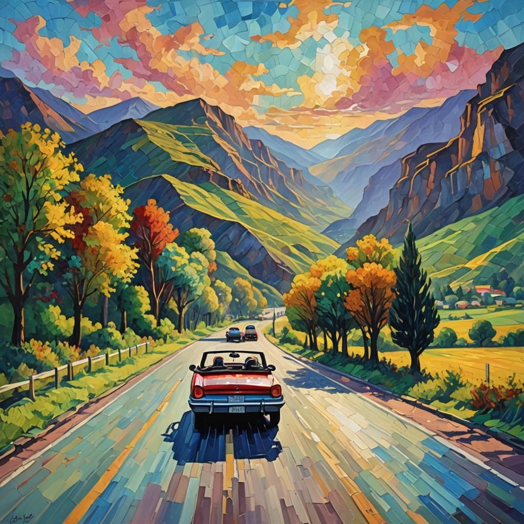 the road ahead may be unknown but the world awaits you, couple in a convertable on a road trip" Neo-impressionism ...  by @Pjrockey