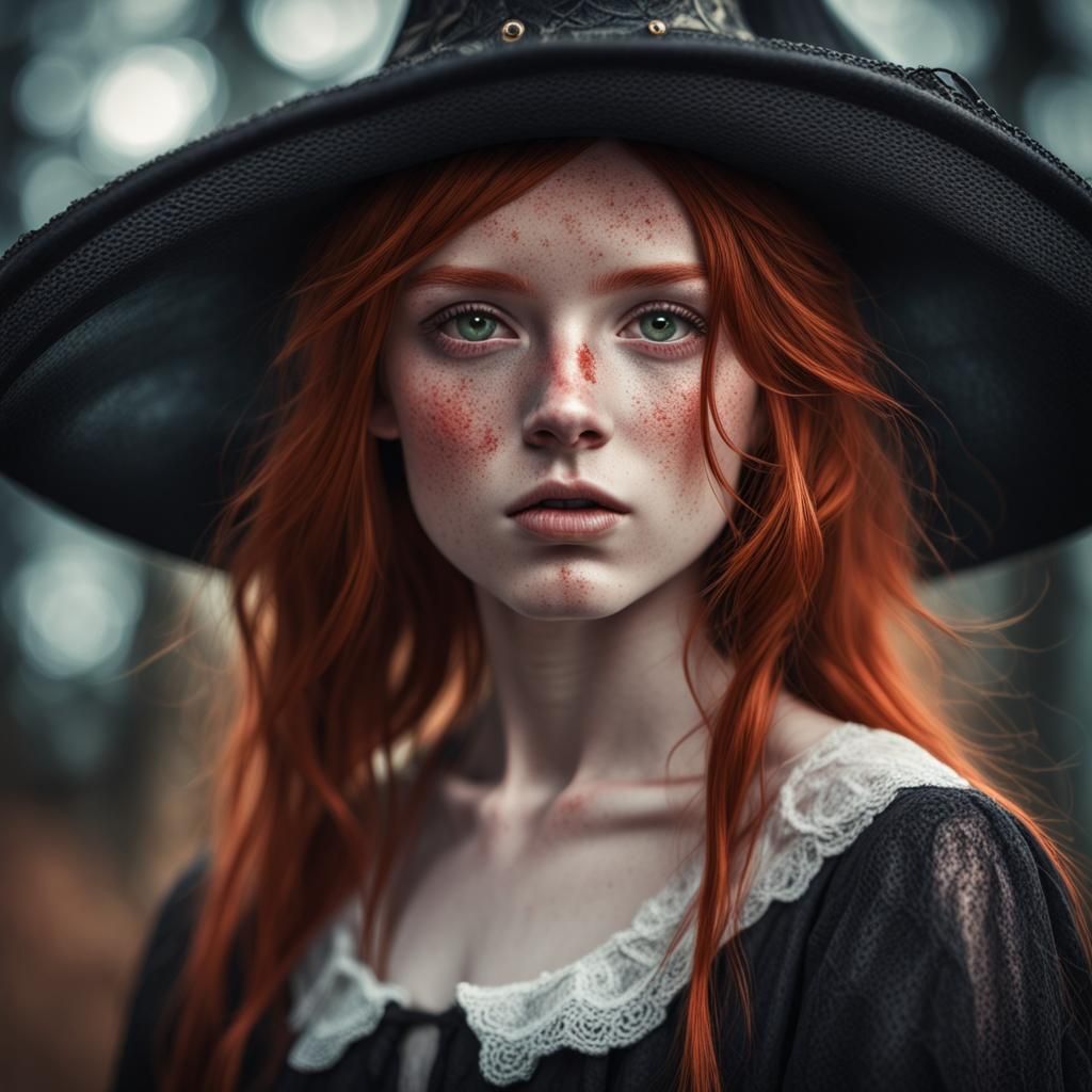pale red head girl with freckles, detailed face, wearing a witches hat ...