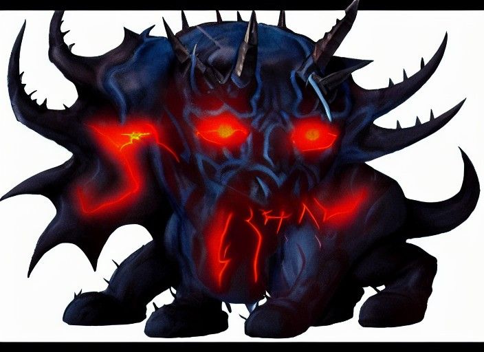 A shadow demon with spiked, curved horns and blue, glowing e...