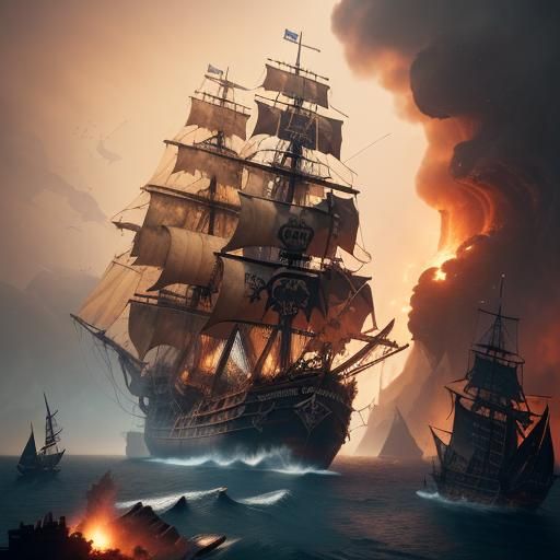 Pirate ship being blown apart by cannon fire. The ship is ma...