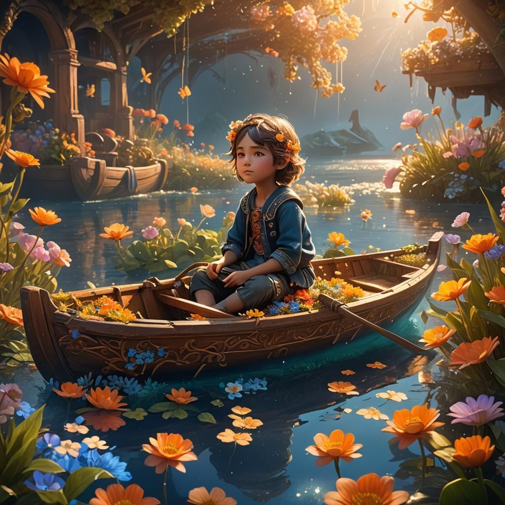 Child in Flower Boat: Whimsical Concept Art