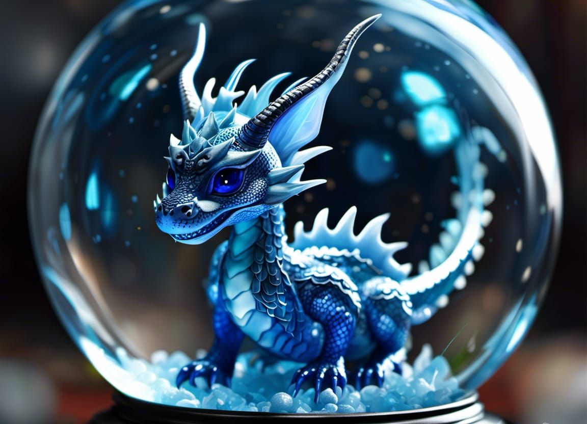 Adorable cute baby blue dragon in blue glass sphere