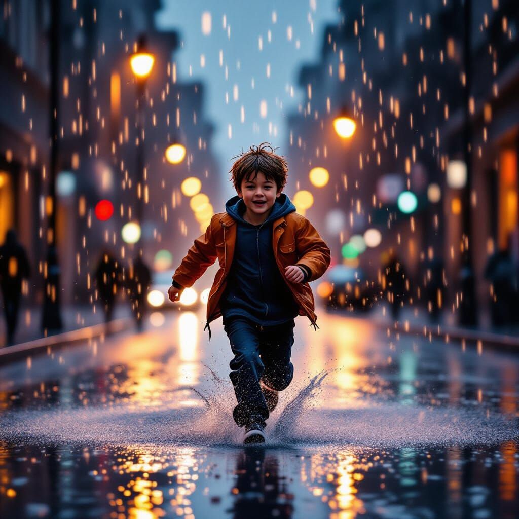 Boy Running Joyfully Through Rain in City