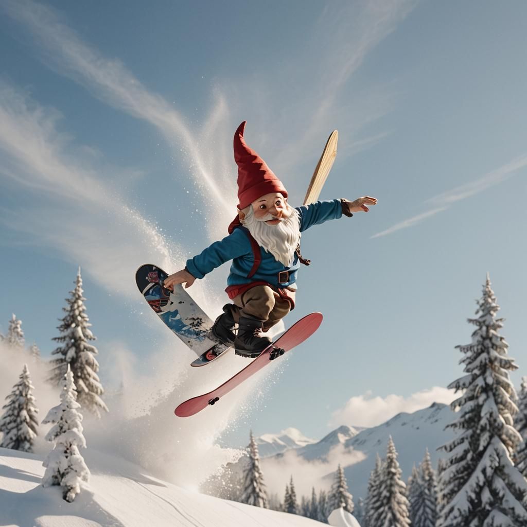 Gnome flying on a snowboard in sunlight