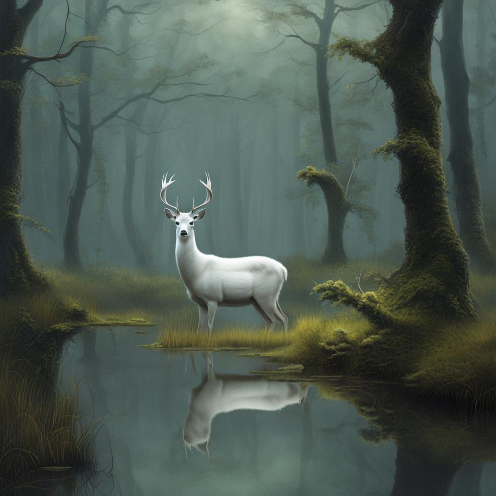 A ghost deer that has 24 points and is walking in a swamp