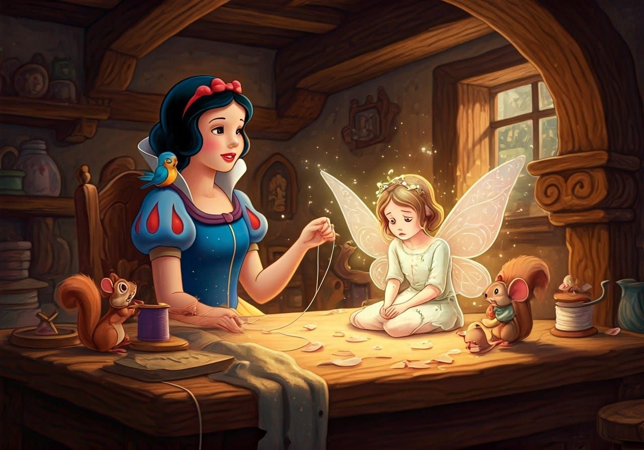 Snow White sewing the wings on a sad fairy.