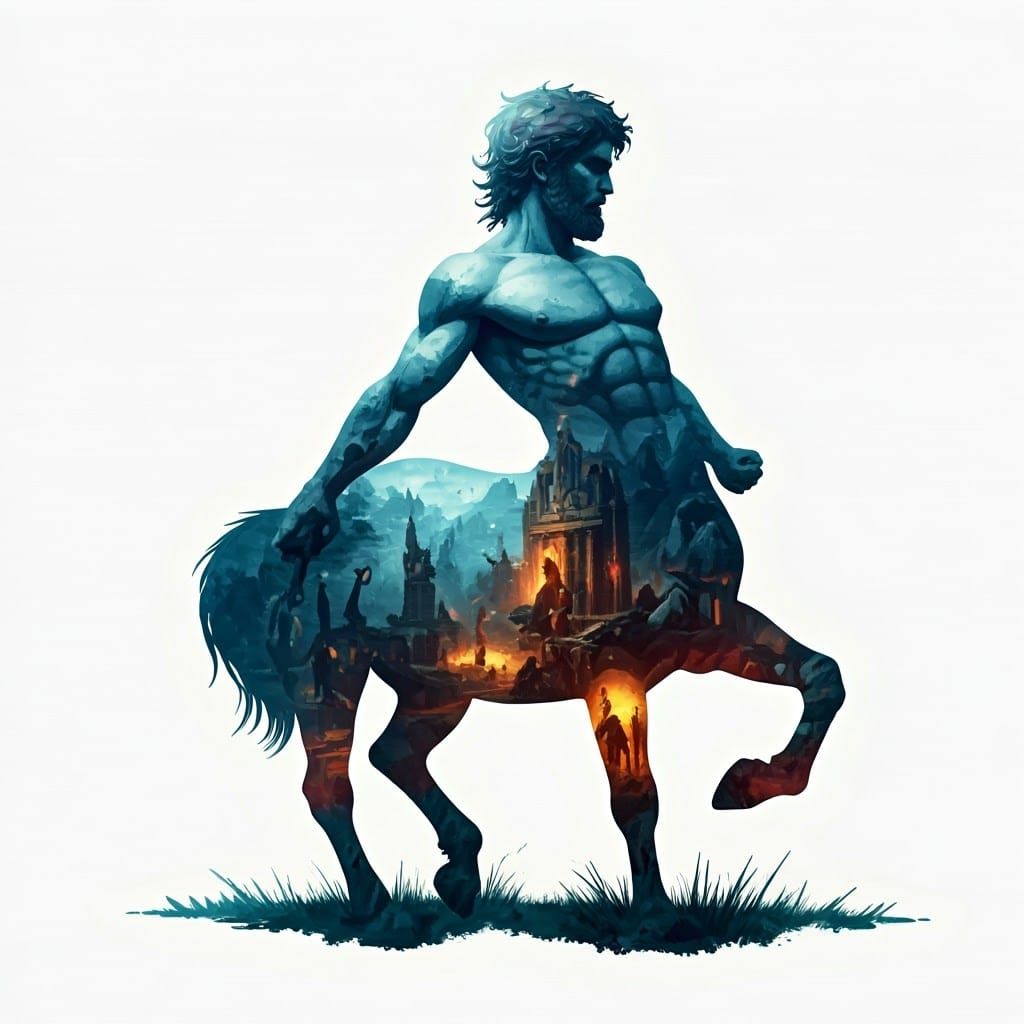 Inside the transparent silhouette of a centaur with a human torso smoothly turning into the body of a ...  by @Zacharo