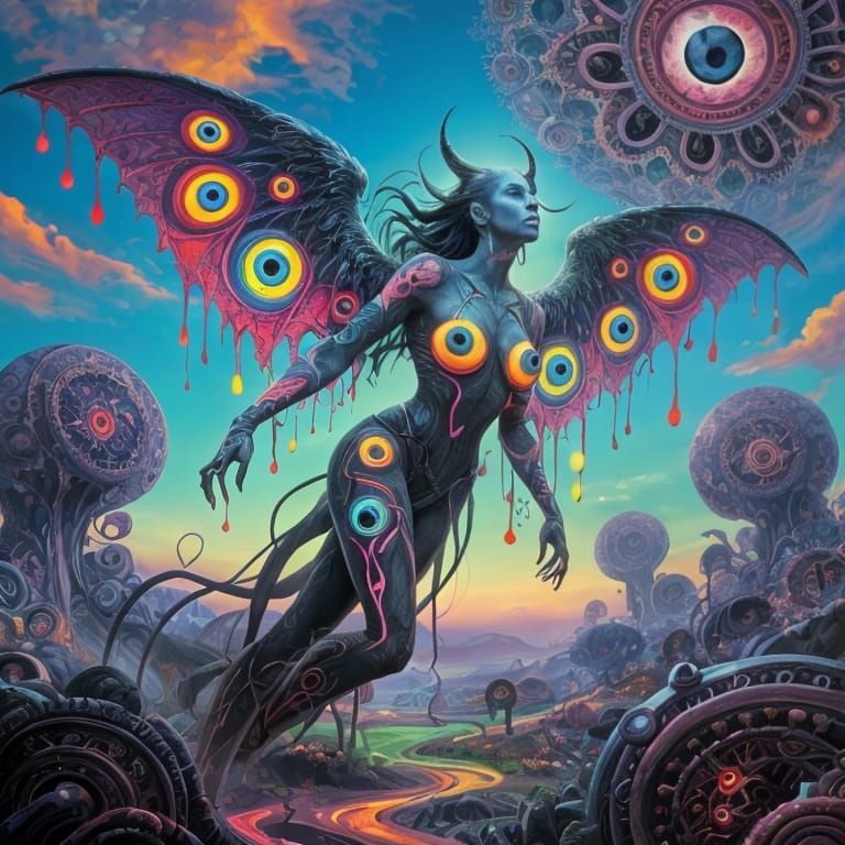  In the style of a blacklight poster is an Alex Grey inspired winged fallen lilith being covered in dripping colorful eye patterns, [[influe...