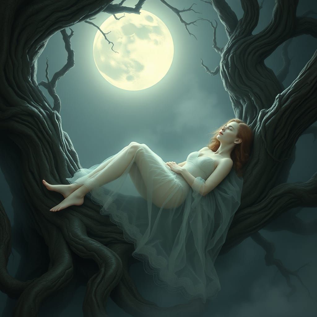 a woman with a pale complexion and a transparent dress, lyin...