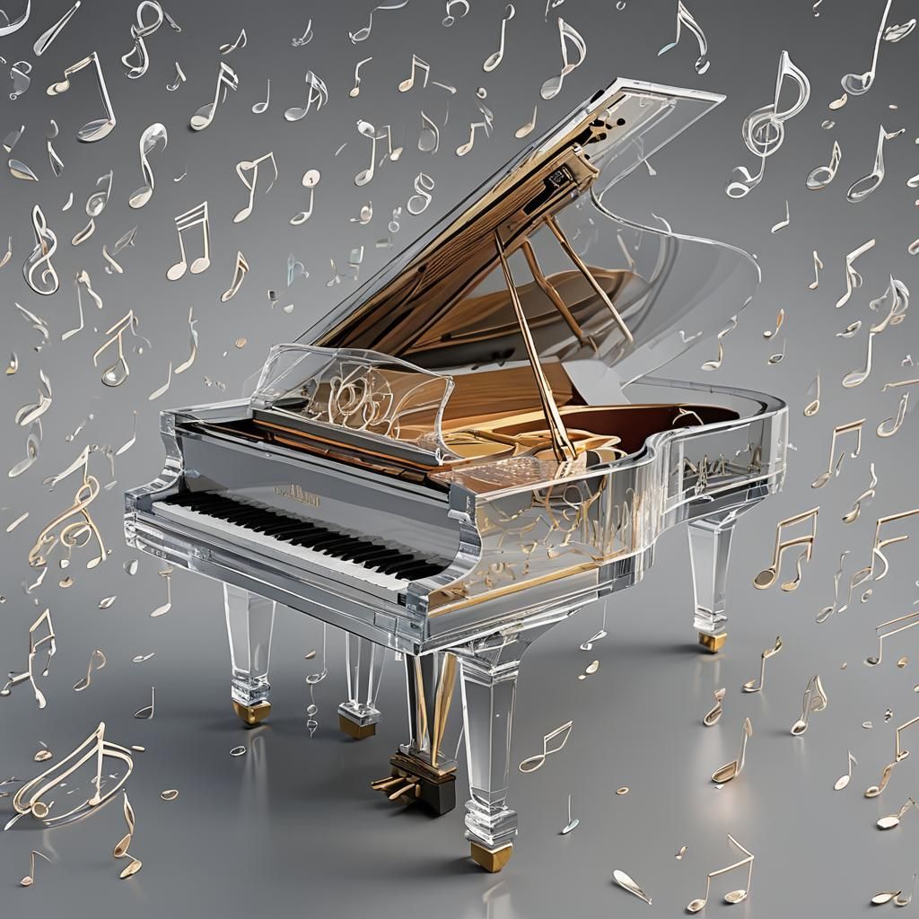 A beautiful grand piano of transparent glass that contains musical notes, Surrealism maximalism hyperrealistic photoreal...