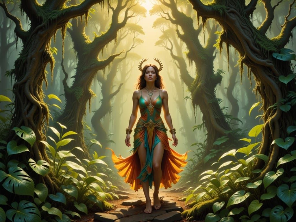 Majestic trees give whispers to her flight
As Trista paints the jungle with her inner light
In the depths of history, she finds her strength...