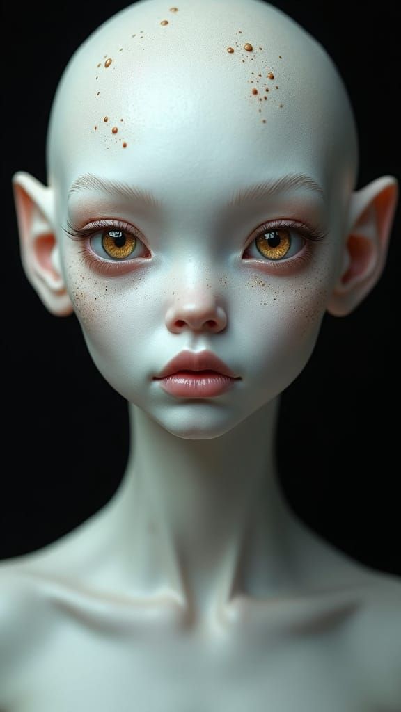 a hyper-realistic character portrait of a humanoid with an alien-like appearance. The character features smooth, white skin adorned with sma...