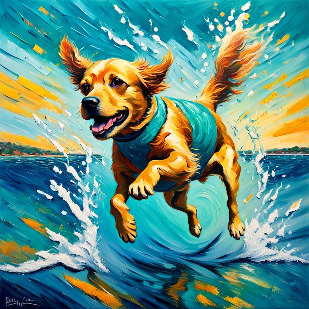 Dog Diving Into Sea, Neo-Impressionist Oil Painting