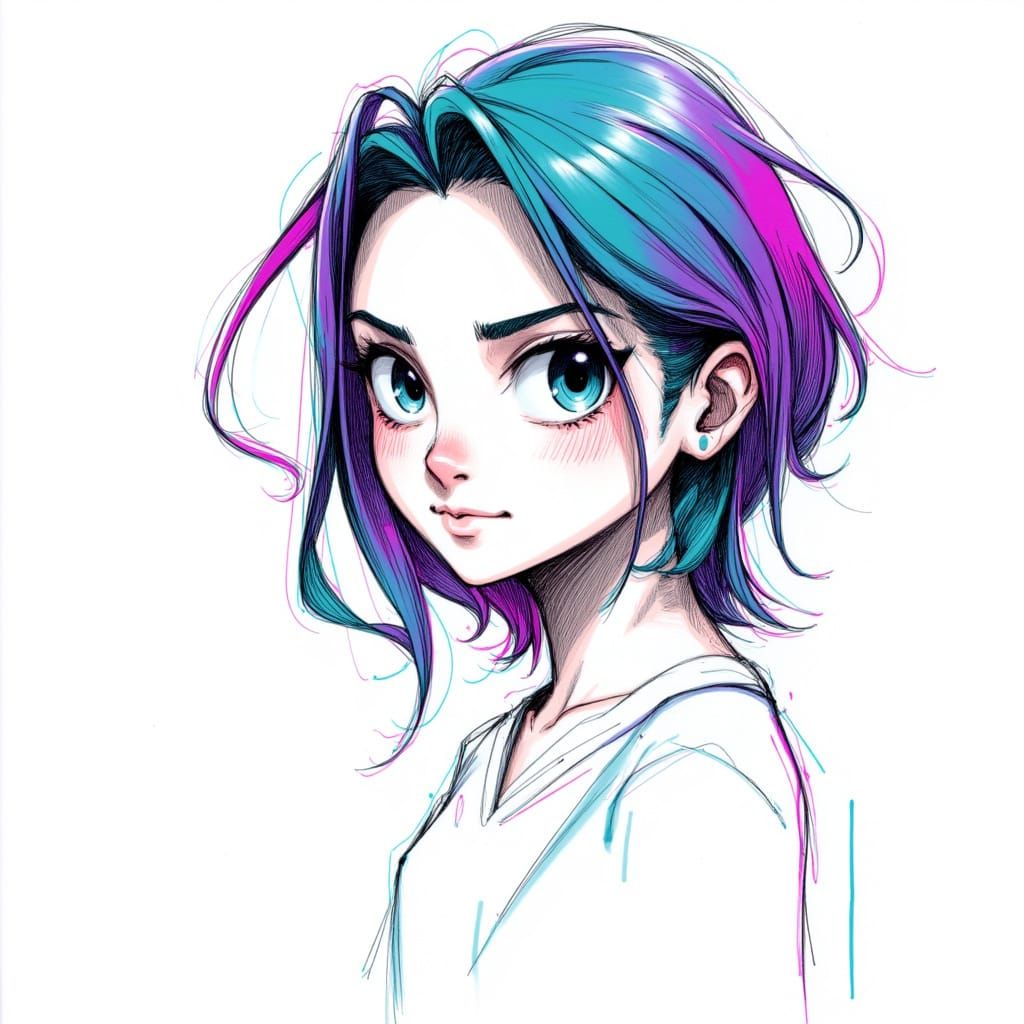 <lora:designsketch:1.0> designsketch manga-inspired girl with gradient hair, pure white hot-press paper, pen/pencil hybrid linework, visibl...