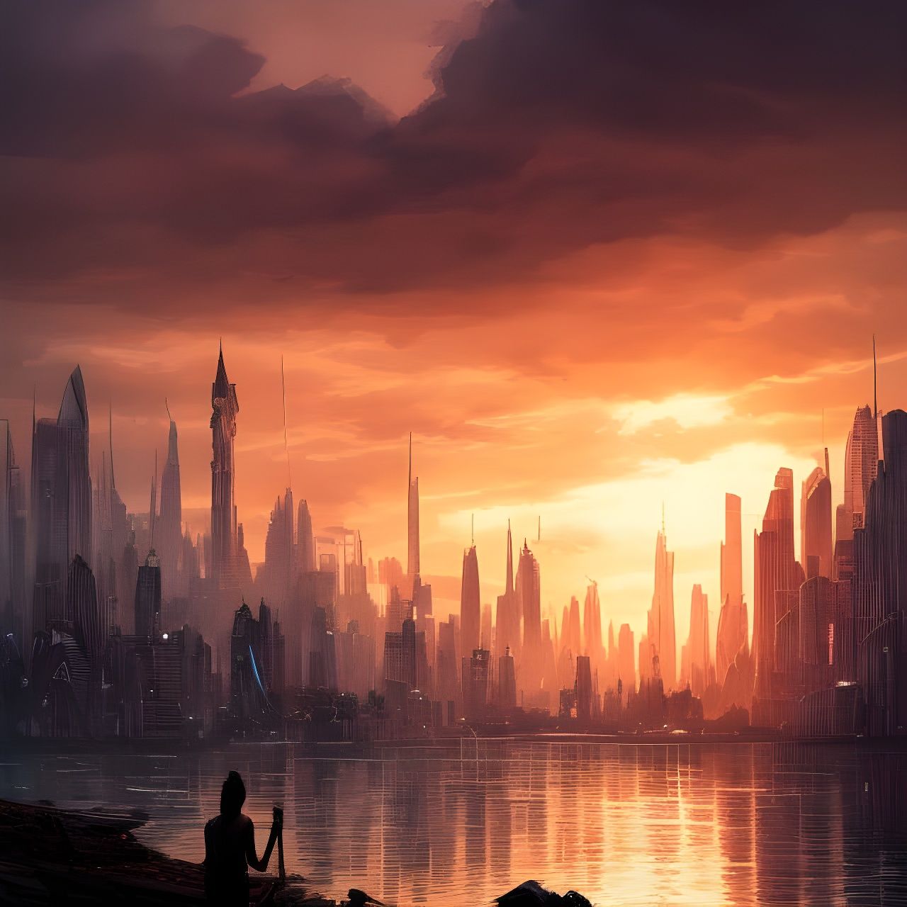 City skyline across the water at sunset Hyper-detailed maste...