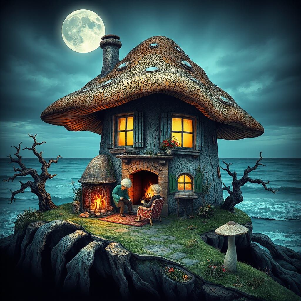 A mushroom house near the sea  by @Black Cat