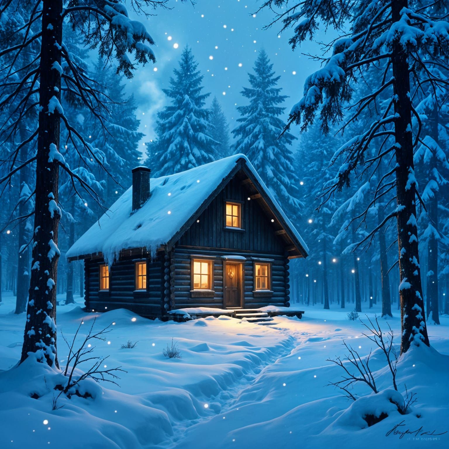 A lone, weathered cabin stands nestled in a dense, snow-laden forest, its windows emitting a warm, inviting glow. Outside, ethereal snowflak...