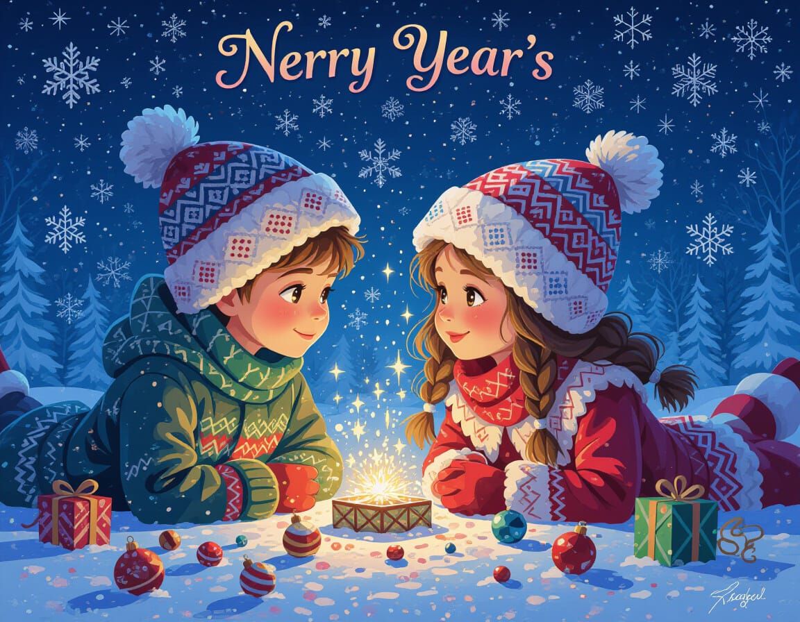 New Year's fairytale story Russian folk color frosty patterns small mosaics
Christmas Tree Boy Girl Hat Toys Vector Pointalism Glitter
Scatt...