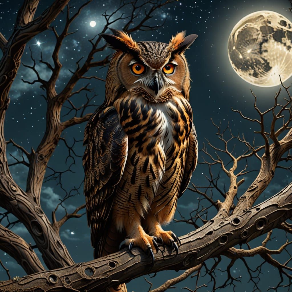HIGHLY CREATIVE. AN EAGLE OWL OWL PERCHED ON A BRANCH OF AN ANCIENT TREE, ITSAMBER EYES GLOWING . IN THE BACKGROUND, A FULL MOON AND A STARR...