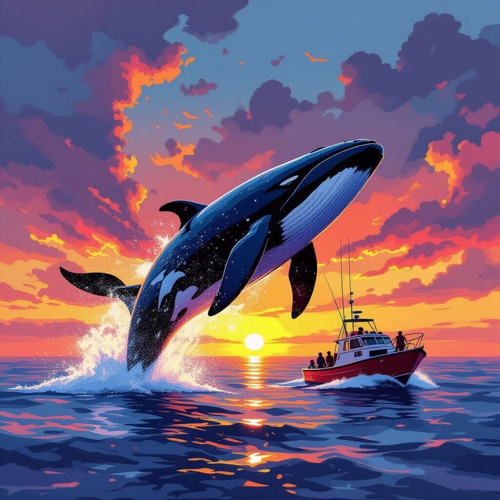Whale's Sunset Leap: Graffiti Art Ocean Scene