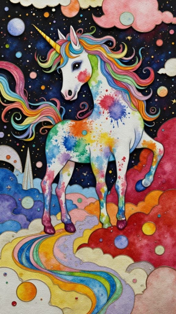 <lora:Wonderfulart:1.0> <lora:fantasy:1.0>  A child's drawing springs to life: a naive unicorn figure traverses a vibrant, abstract world of...