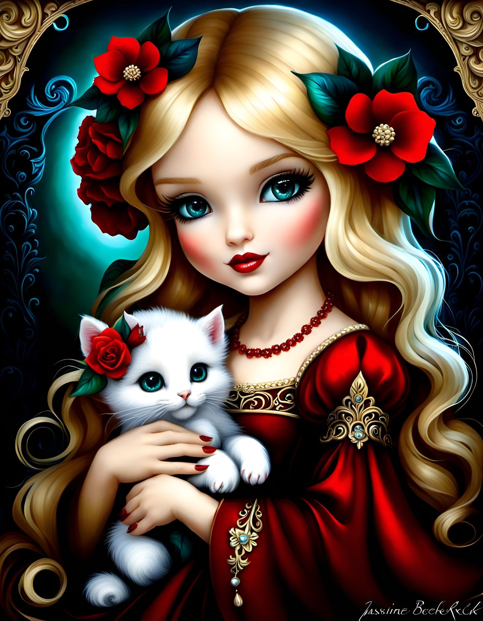 Cute Girl in a Beautiful Dress With a Kitten