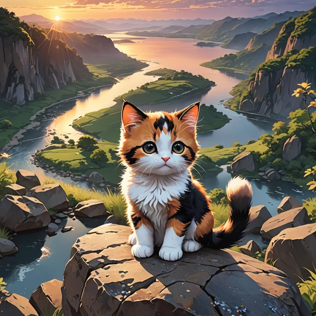 A cute calico Kitten sitting on a rock, stunning river sunse...