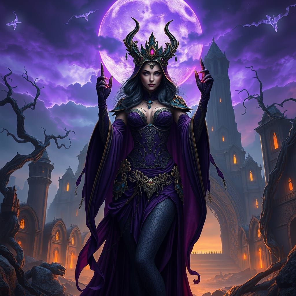 Dark Fantasy Sorceress in Ancient Ruins with Twisted Trees a...