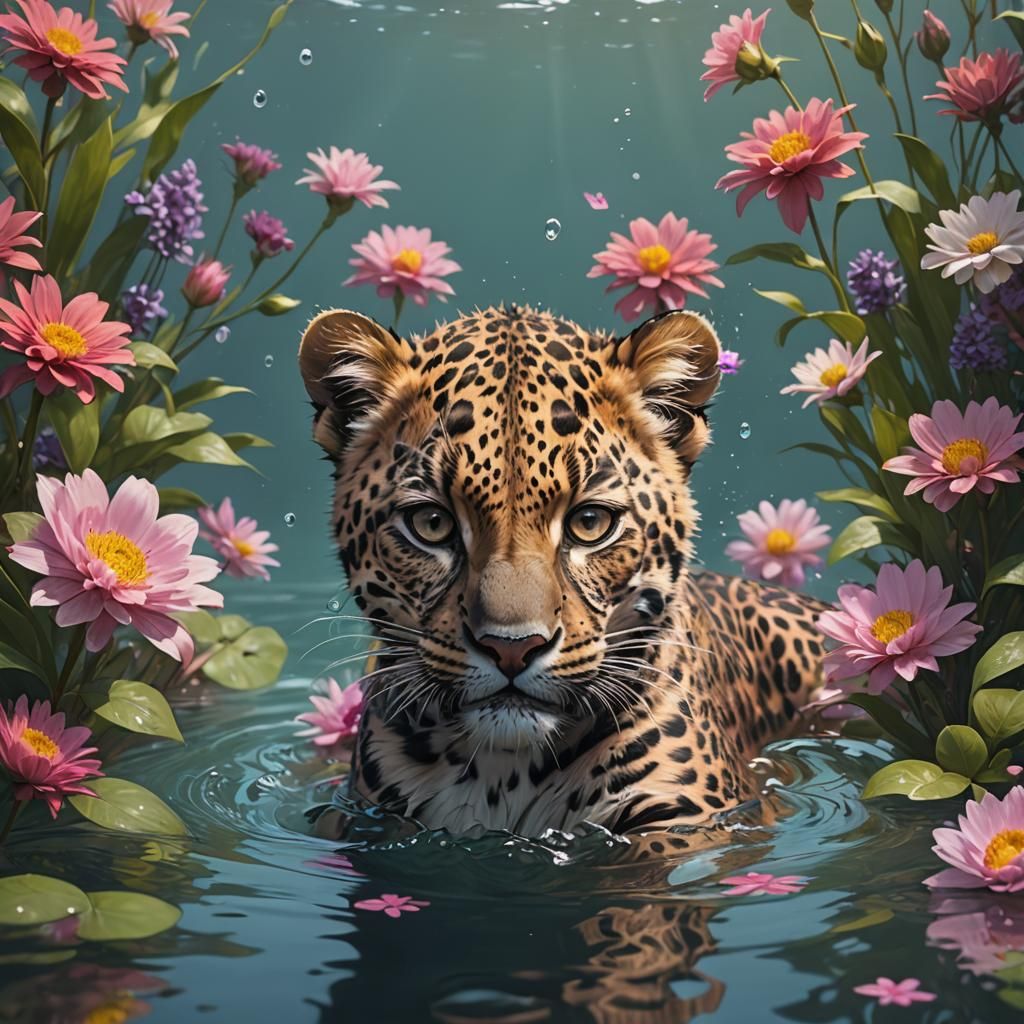 Cutest fluffy baby leopard swimming in water with flowers