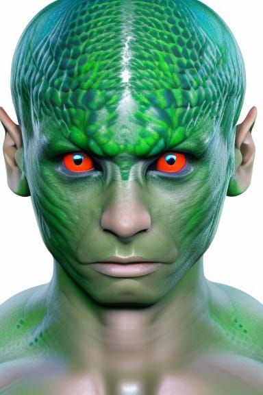 human male bodybuilder with blue reptilian eyes with green r...