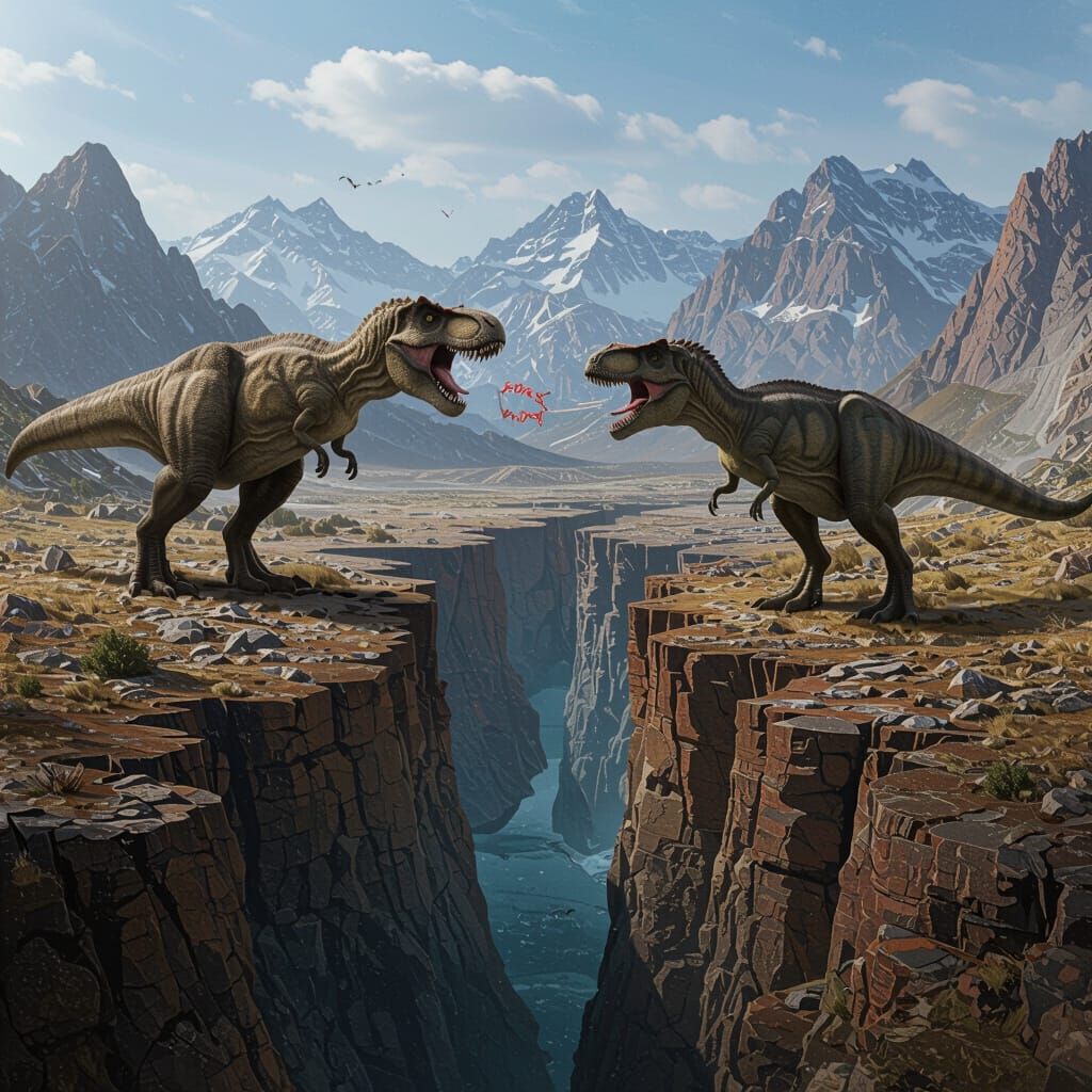 A mountainous rocky terrain separated by a narrow but very deep crevasse, on one side is a large  T-rex and on the other side a large allosa...