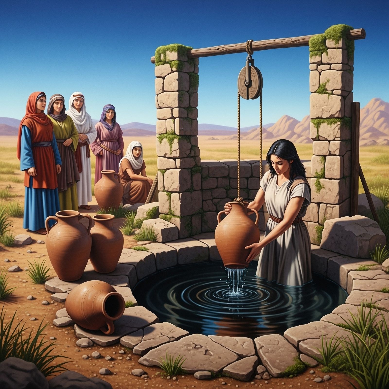 At an ancient well, women collect water in clay jars1