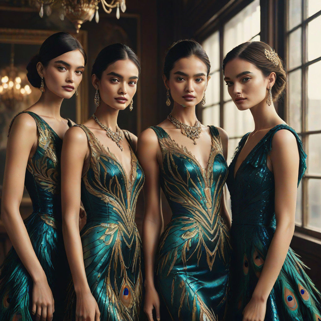 Exotic Girls in Ornate Peacock Frames, High-End Fashion Phot...