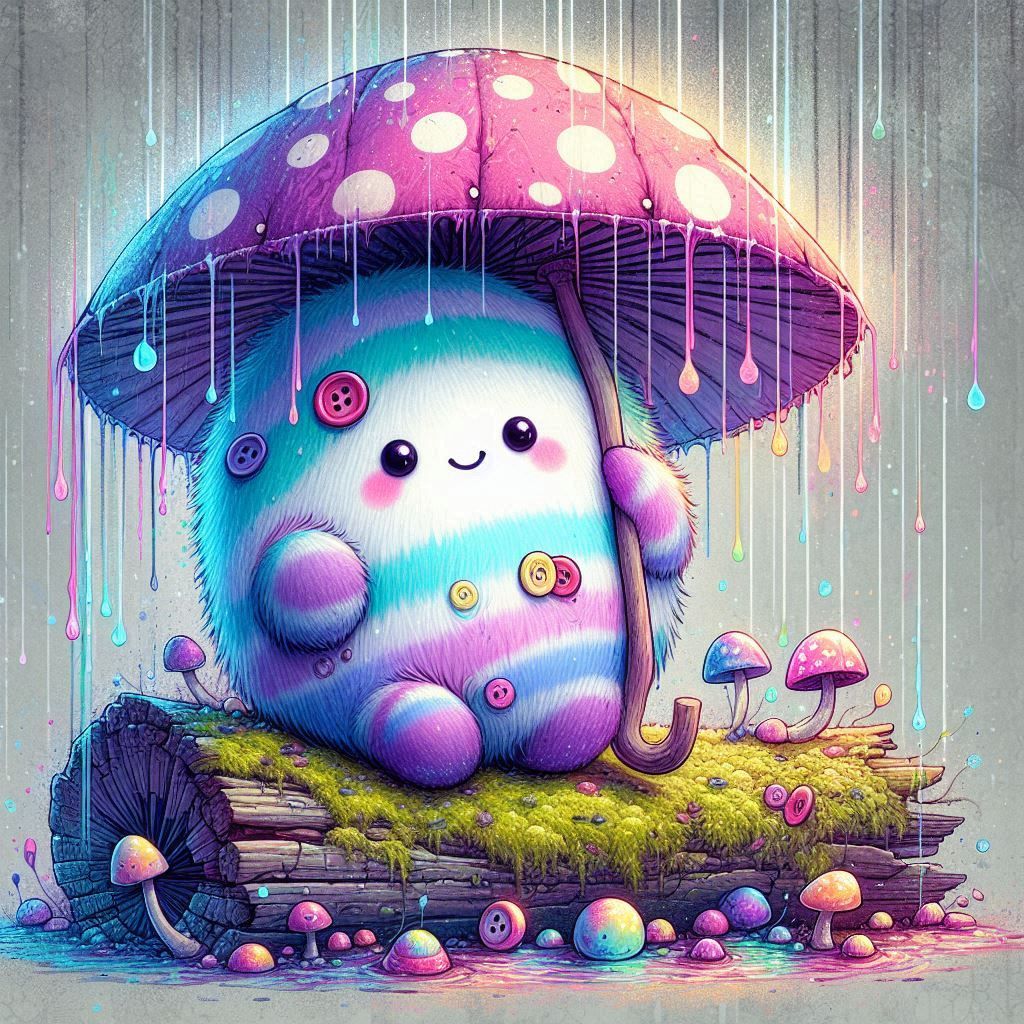 Fluffy mushroom spirit with bright white, purple, blue striped shirt, mismatched buttons for eyes and a cheerful grin, leaning on a mossy lo...