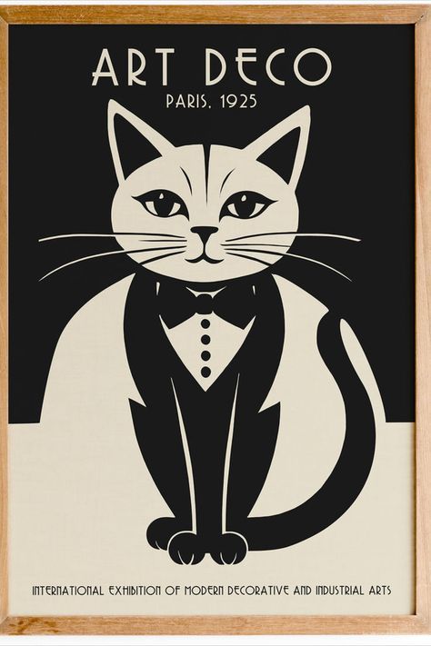 Art Deco style illustration of a cat similar to a vintage poster. The cat should be depicted in a tuxedo, with a sharp, symmetrical design....