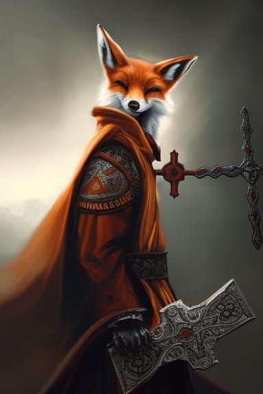 product photo of a fox dressed as knight's templar character...